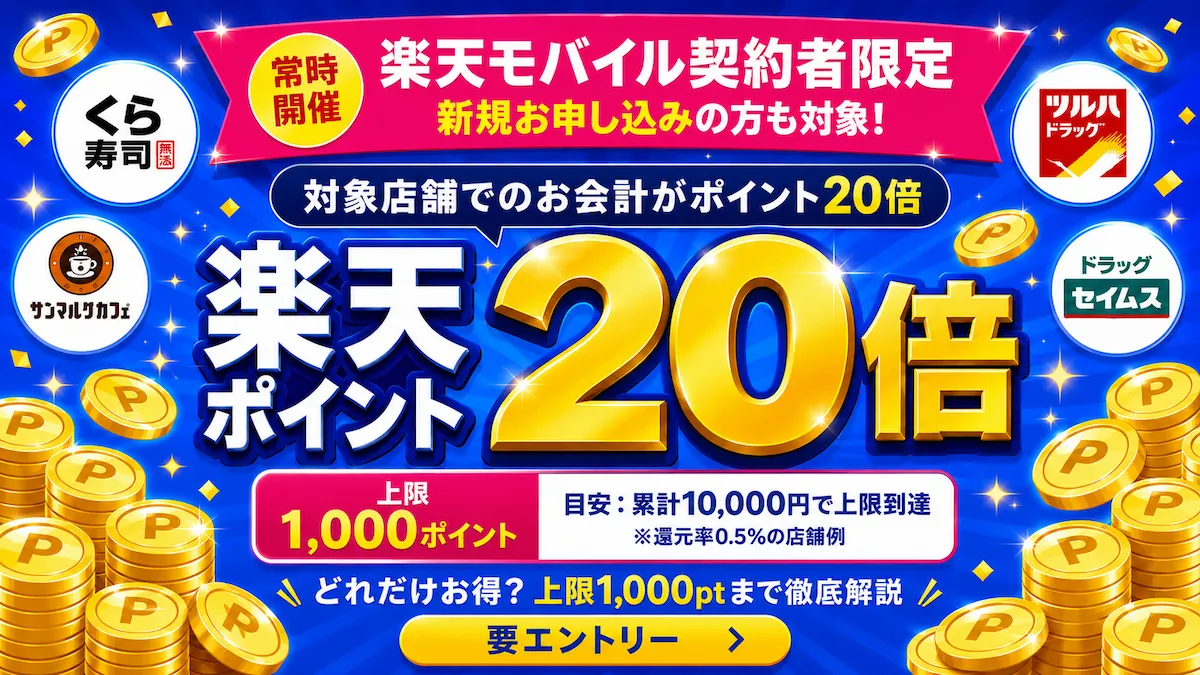 楽天モバイル契約者限定 対象店舗でのお会計で楽天ポイント20倍キャンペーン 上限1,000ポイント 累計10,000円で上限到達の目安