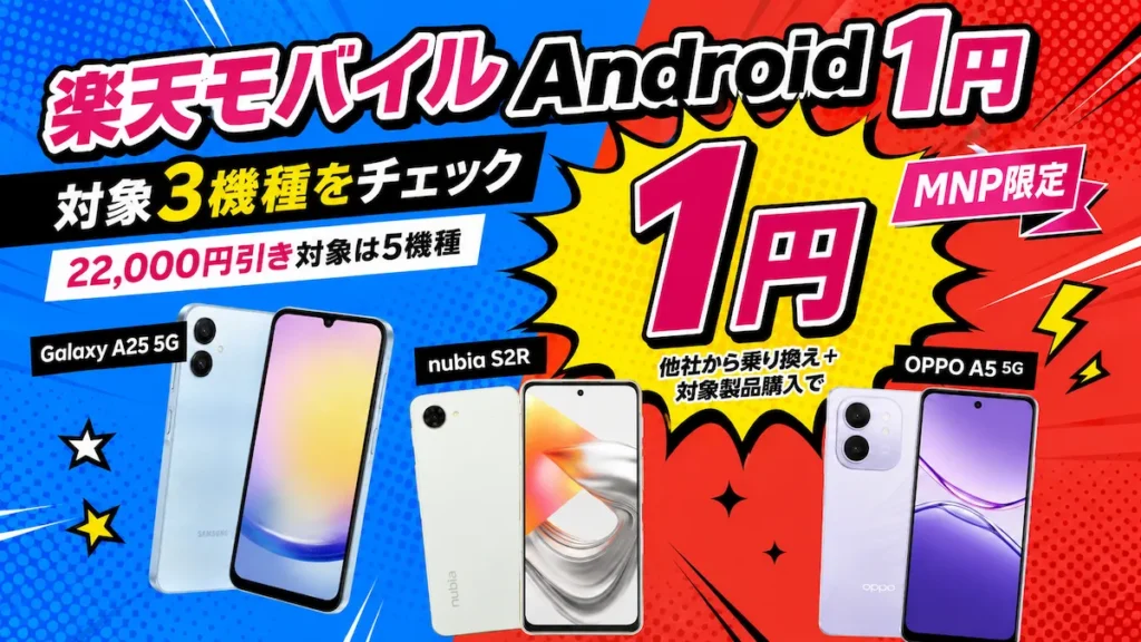 楽天モバイル Android 1円対象3機種と22,000円引き対象5機種の違いを示す画像