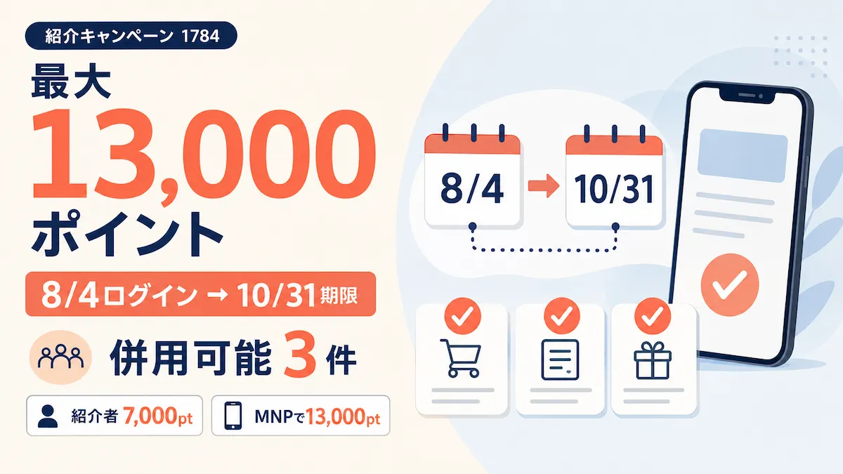 楽天モバイル紹介キャンペーン1784で8月4日ログインの期限が10月31日、併用可能が3件と分かるアイキャッチ