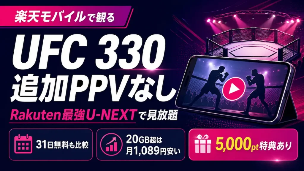 楽天モバイルのRakuten最強U-NEXTでUFC 330を追加PPVなしで視聴できることを解説するアイキャッチ